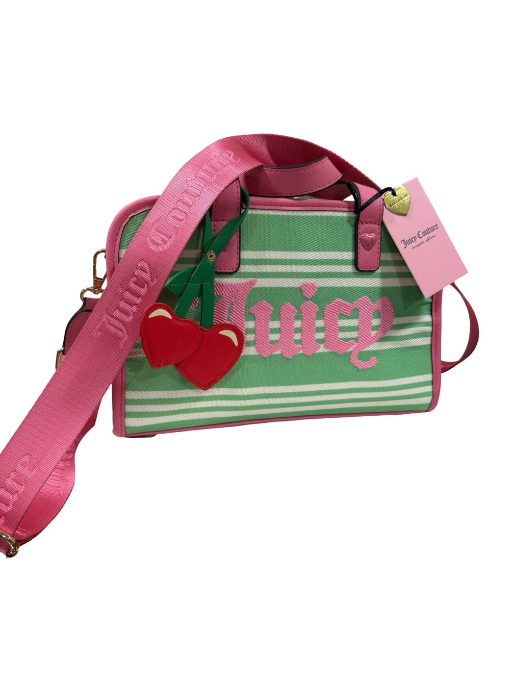 Juicy Couture Pink & Green Striped Logo Crossbody Satchel